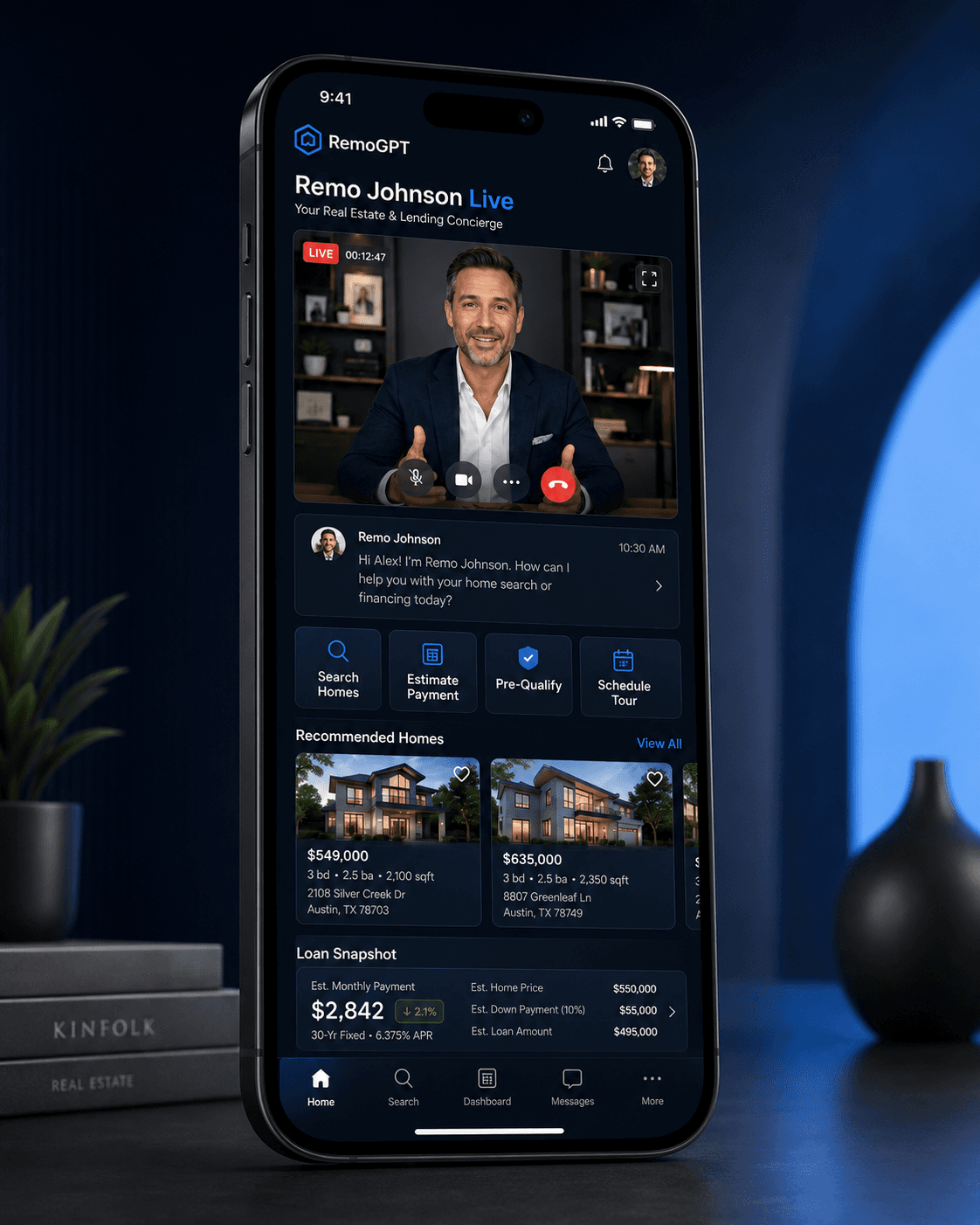 Remo Johnson Live mobile experience with video concierge, recommended homes, and loan snapshot